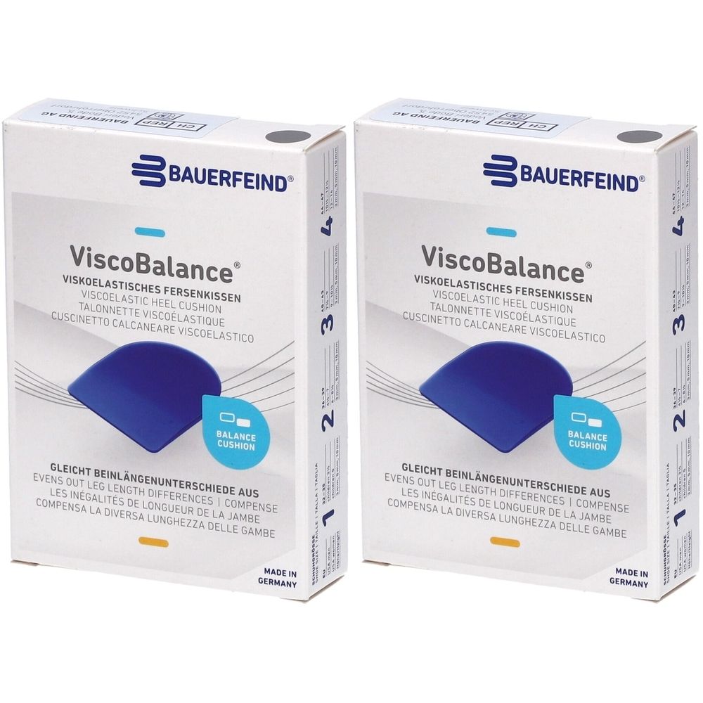 Deux boîtes de coussinets de talon ViscoBalance. Marque Bauerfeind. Image du produit bleu. Texte en allemand, anglais, français et italien.