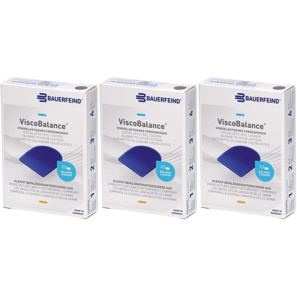Trois boîtes de coussinets de talon ViscoBalance. Chaque boîte présente un coussin bleu. Marque : Bauerfeind. Texte en allemand, français, italien.