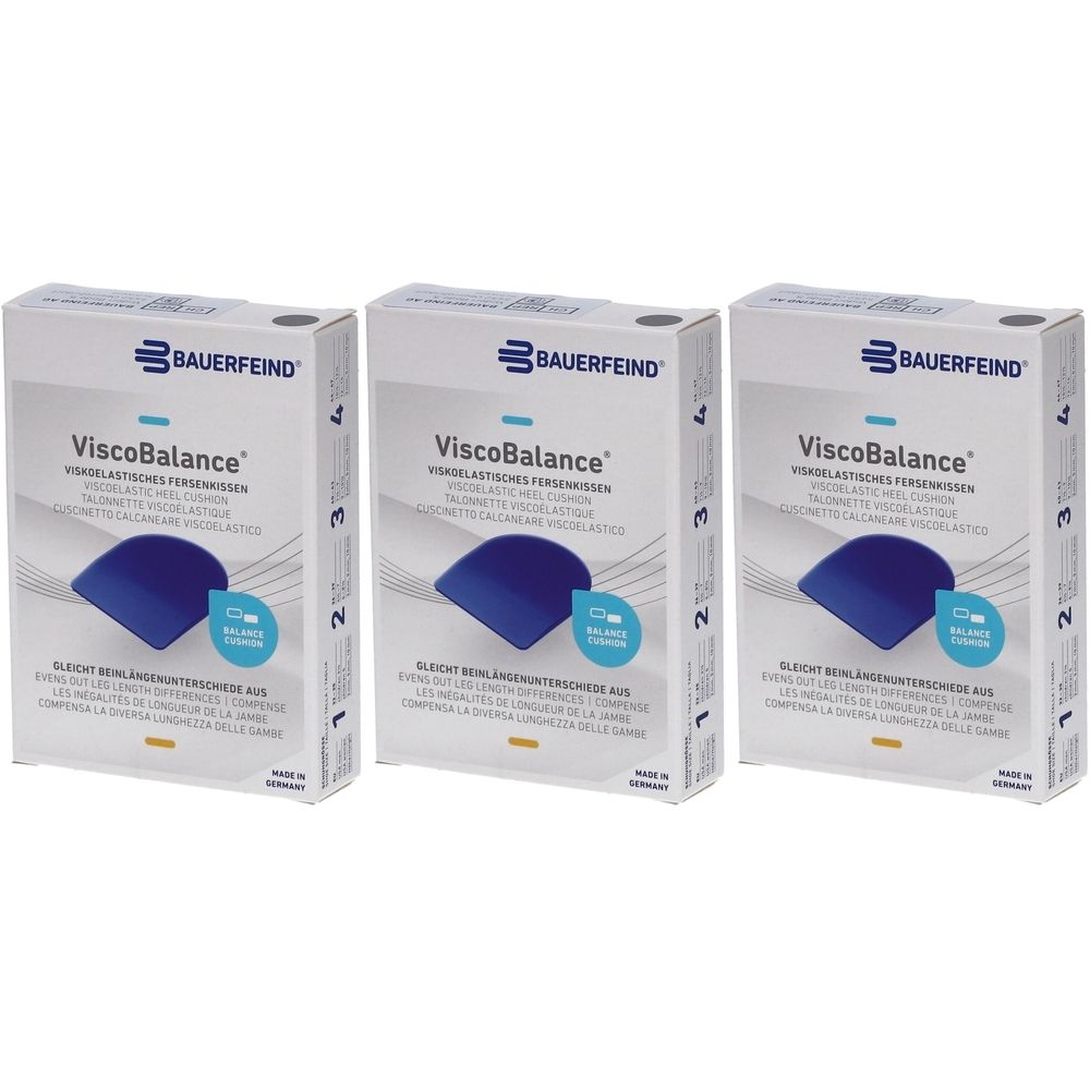 Trois boîtes de ViscoBalance. Le logo Bauerfeind et un coussin bleu sont visibles sur chaque boîte. Fabriqué en Allemagne.