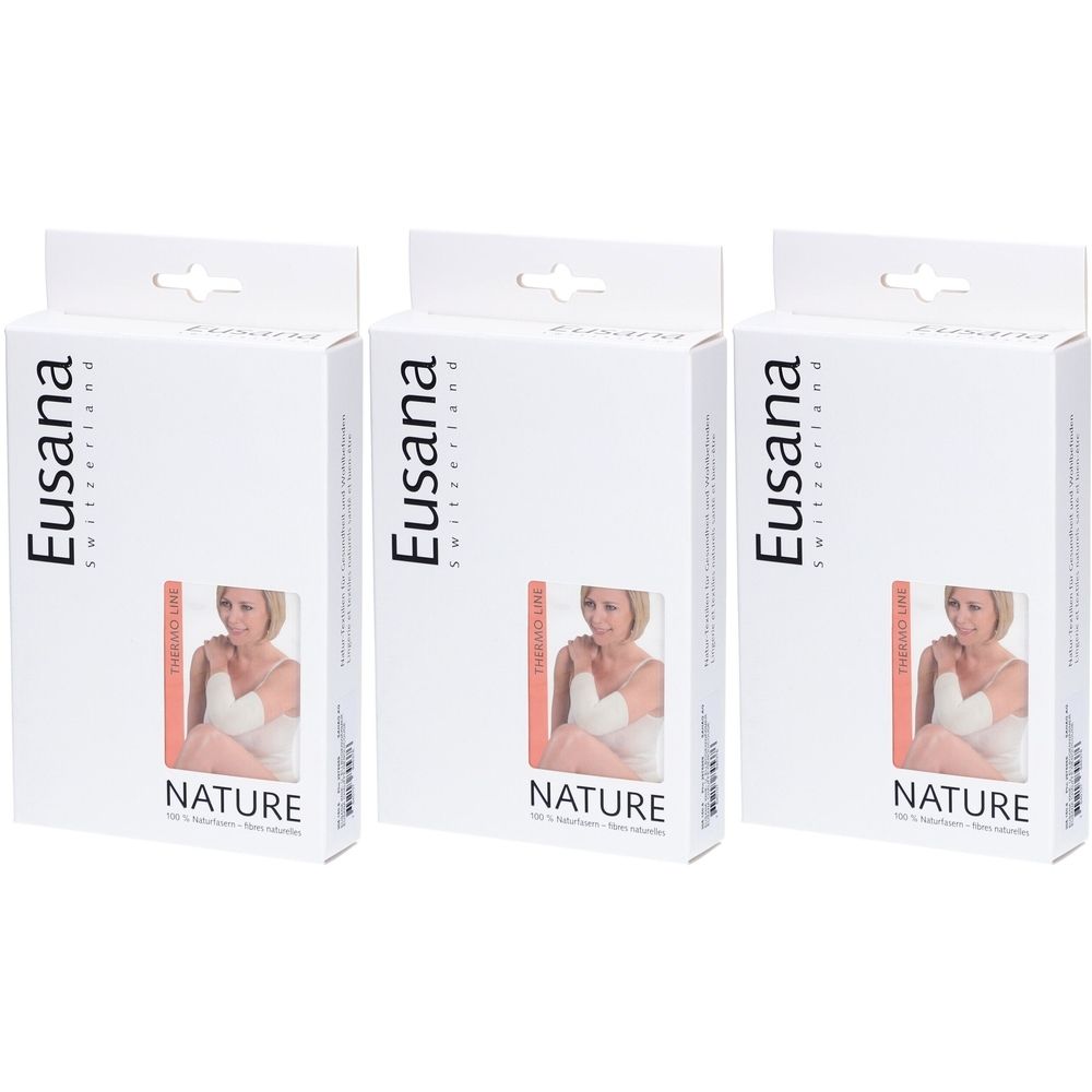 Trois boîtes blanches Eusana. Chaque boîte présente une image du produit et le mot NATURE. Le nom de la marque est en haut.