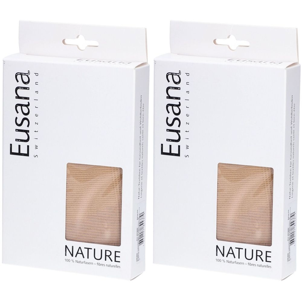Deux boîtes blanches avec fenêtre. Inscription: Eusana Switzerland, NATURE. Contenu beige visible. Dispositif de suspension.
