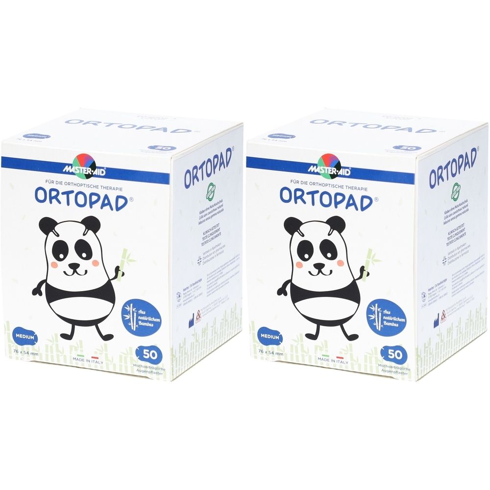Deux boîtes blanches avec « ORTOPAD » et illustration de panda. Inscription « 50 ». Accents bleus et verts.