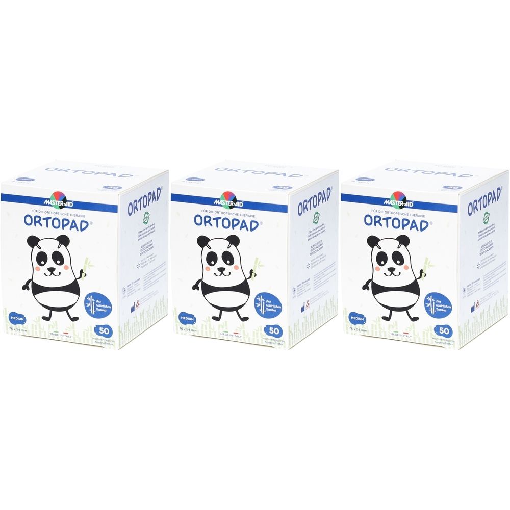 Trois boîtes ORTOPAD. Illustration de panda, 50 pièces. Emballage bleu et blanc.