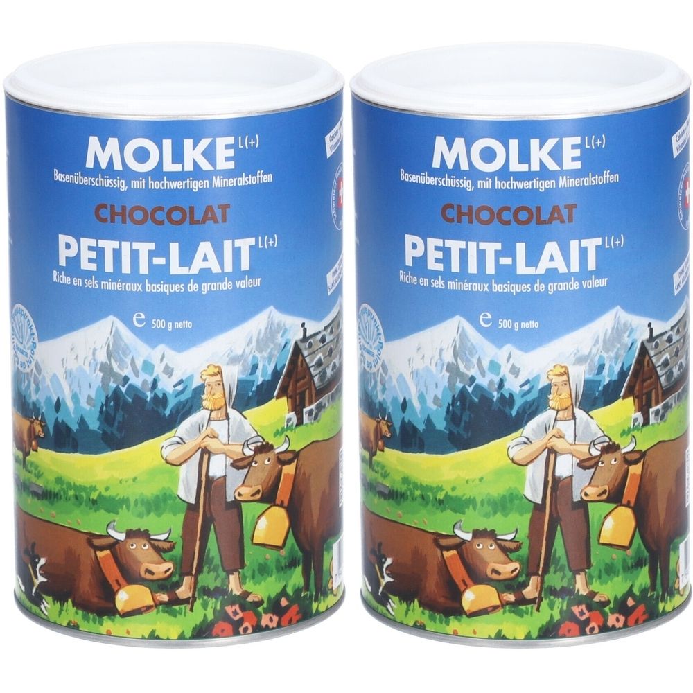 Deux boîtes de MOLKE, CHOCOLAT, PETIT-LAIT. Image d'un fermier avec des vaches et un paysage alpin.