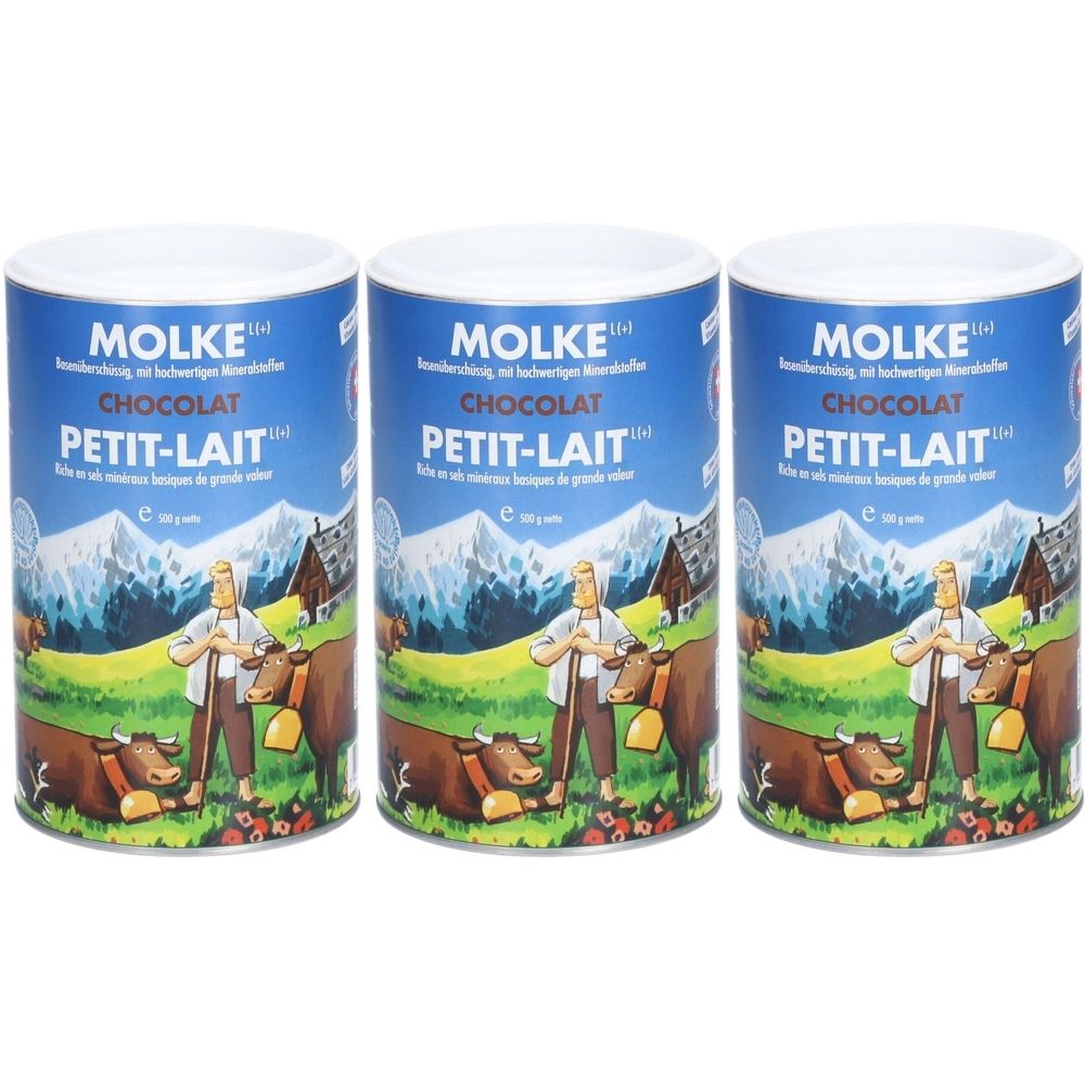Trois boîtes de Molke Petit-Lait Chocolat. Boîtes bleues avec couvercles blancs, illustration de vache, homme et paysage.