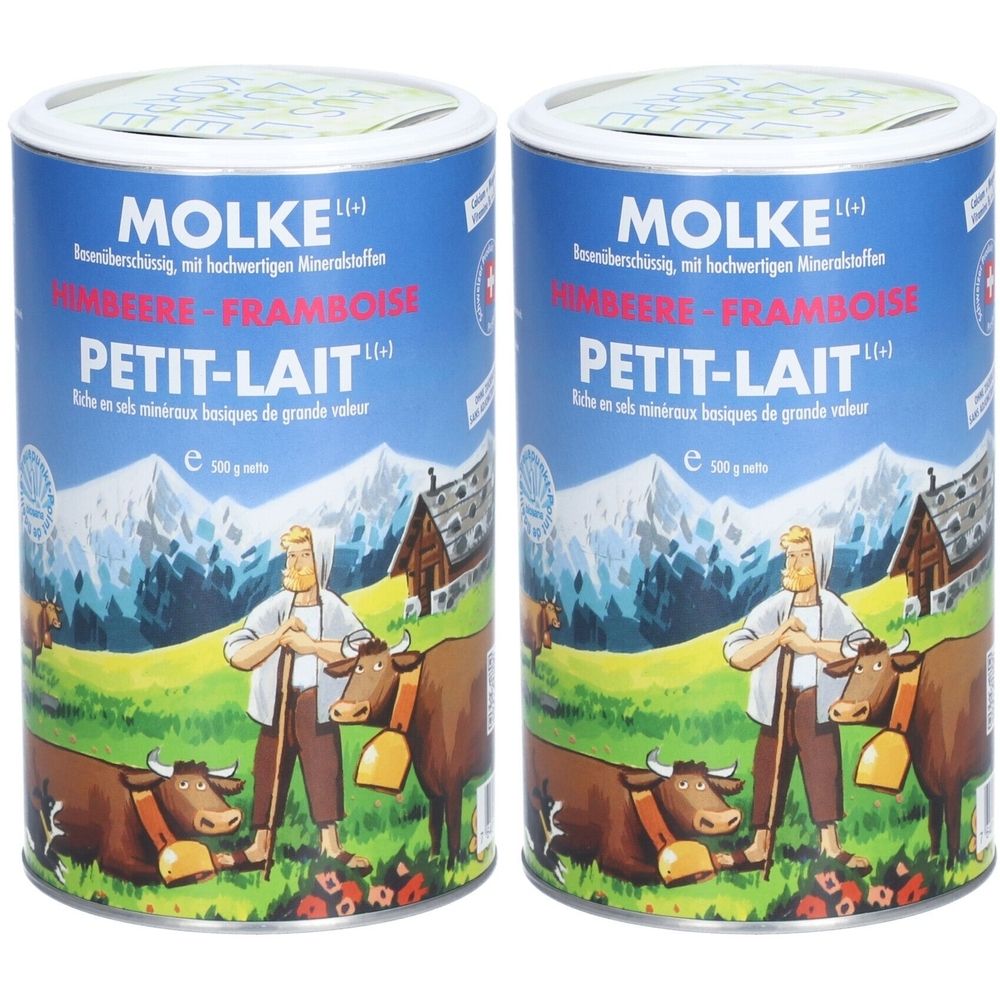 Deux boîtes de Molke Gran Himbeer. Boîtes bleues avec texte: MOLKE, Himbeere, PETIT-LAIT. Illustration: homme, vaches, montagnes.