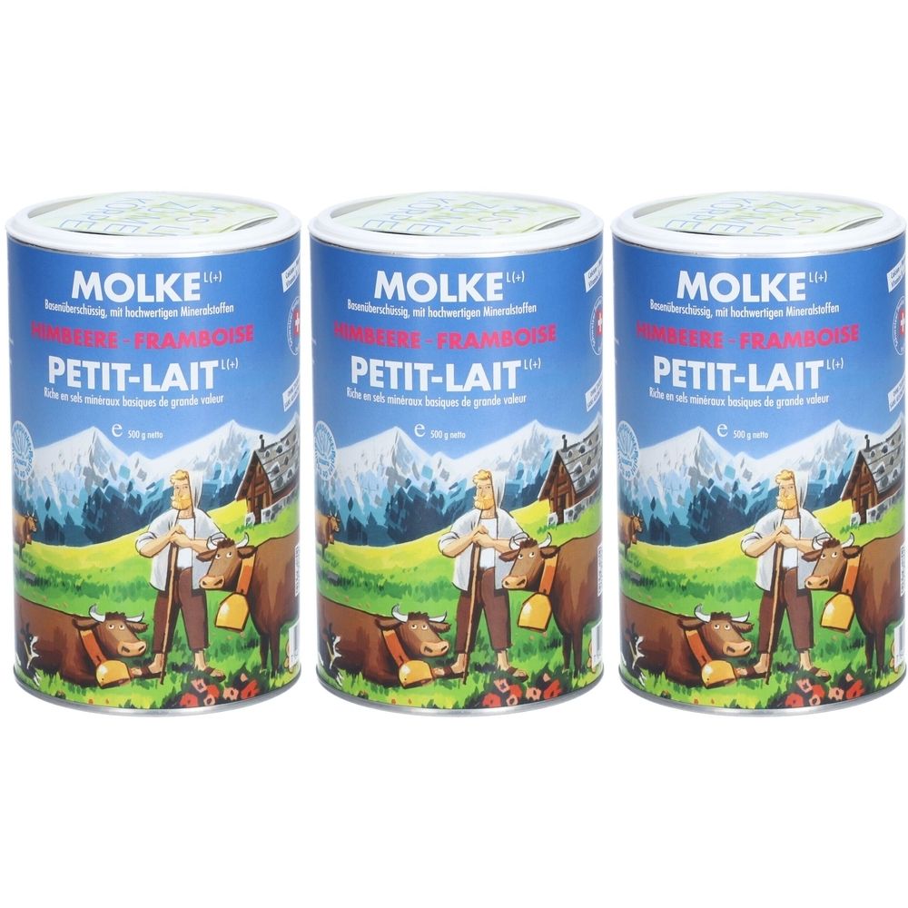 Trois boîtes bleues. Inscription MOLKE, FRAMBOISE, PETIT-LAIT. Illustration d'un homme, de vaches et de montagnes.