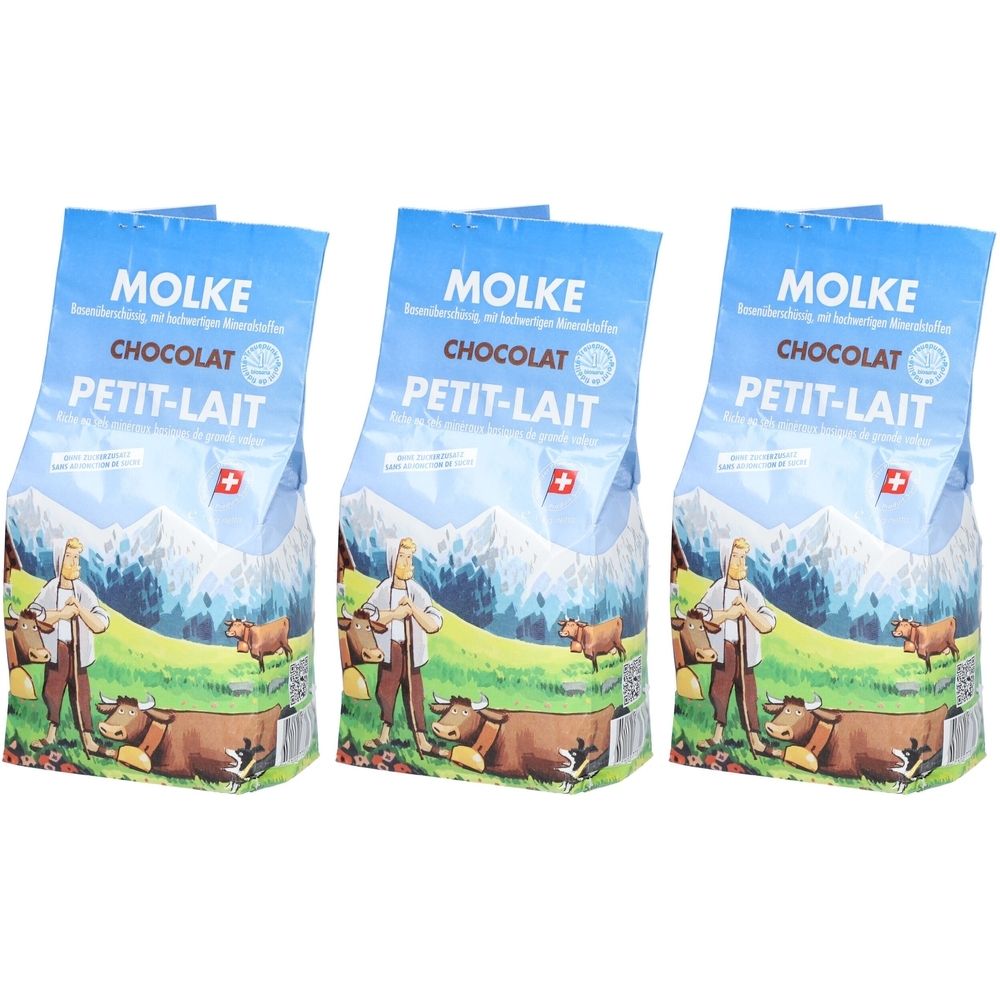 Trois sachets "MOLKE CHOCOLAT PETIT-LAIT". Drapeau suisse et paysage de montagne. Image d'une vache et d'un fermier.