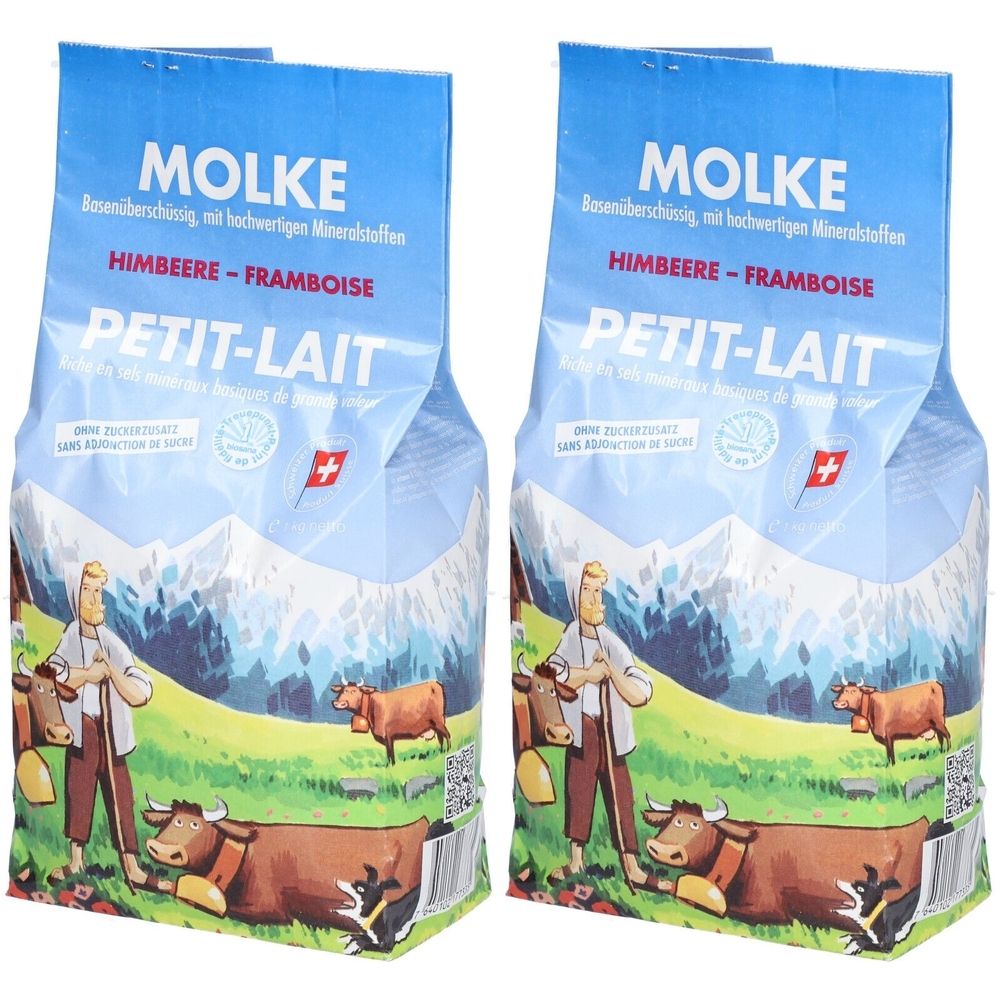 Deux paquets de Molke Gran Himbeer. Emballage bleu avec impression. Texte: Molke, Himbeere-Framboise, Petit-Lait. Croix suisse.