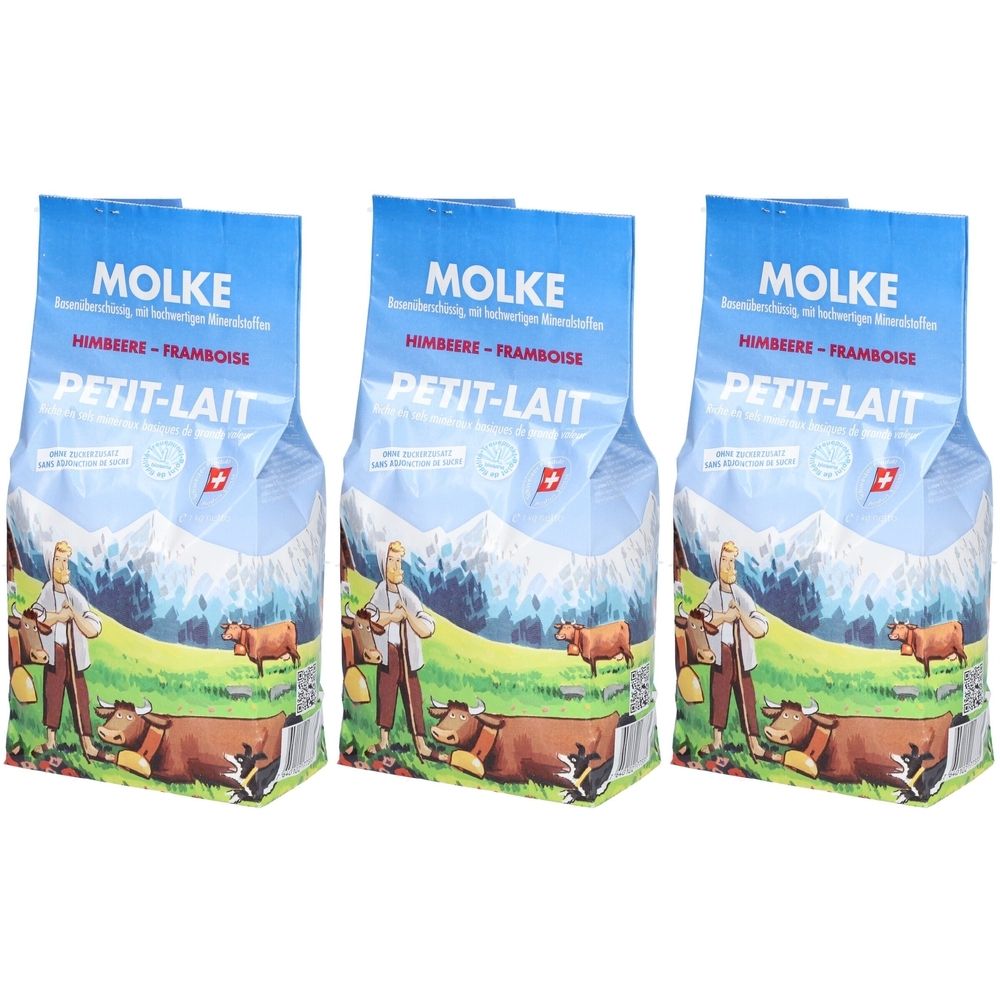 Trois paquets de Molke Gran Himbeer. Emballage bleu avec texte: MOLKE, Himbeere-Framboise, Petit-Lait. Croix suisse.