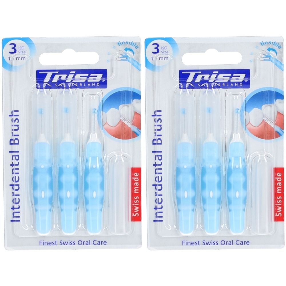 Deux blisters de brosses interdentaires bleues. Chaque emballage porte les mentions "Trisa", "Interdental Brush", "Swiss made" et la taille 3/1,1 mm.