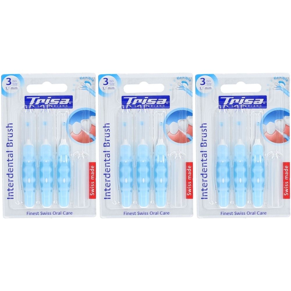 Trois blisters de brosses interdentaires bleues. Inscription : Trisa, Interdental Brush, 3 L, Swiss made.