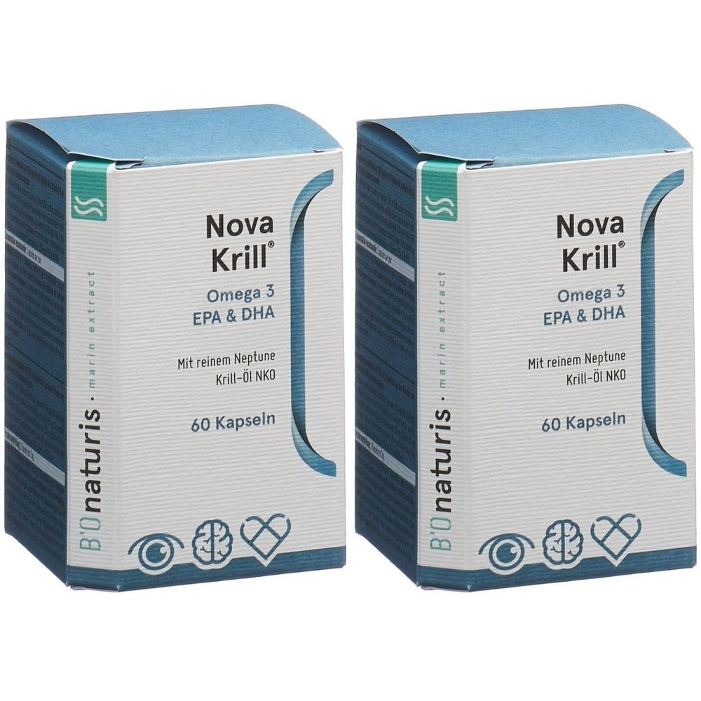 Deux boîtes de NOVA Krill Omega 3 EPA & DHA. Inscription : 60 capsules. Marque : B'Onaturis.