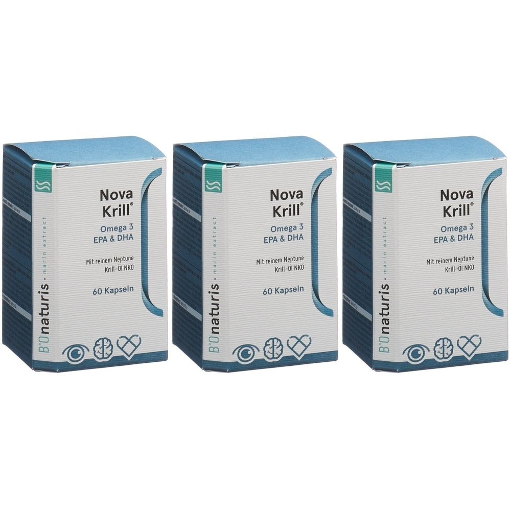 Trois boîtes de NOVA Krill. Inscription : Omega 3 EPA & DHA, 60 capsules. Marque : Bonaturis.