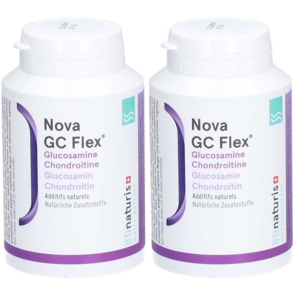 Deux flacons blancs avec bouchons à vis. Inscription: Nova GC Flex, Glucosamine, Chondroïtine. Logo: Bonaturis.