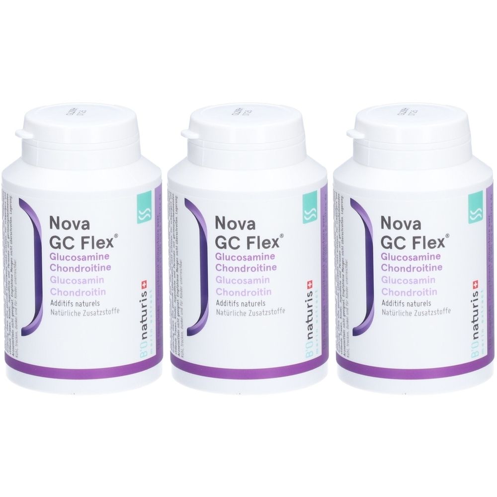 Trois flacons blancs avec couvercles. Chaque flacon porte l'inscription "Nova GC Flex" et les ingrédients glucosamine et chondroïtine.