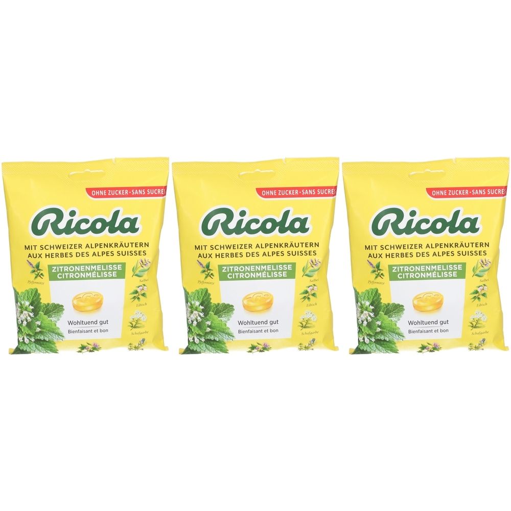 Trois sachets jaunes de bonbons Ricola. Inscription: Ricola, CITRONMELISSE, sans sucre. Illustration d'herbes et de bonbons.