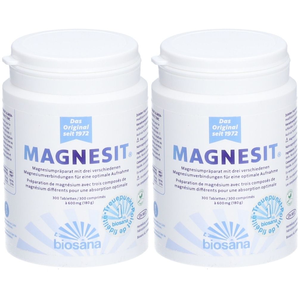 Deux boîtes blanches avec le mot MAGNESIT. Texte: Préparation de magnésium, 300 comprimés. Logo Biosana et label de qualité.