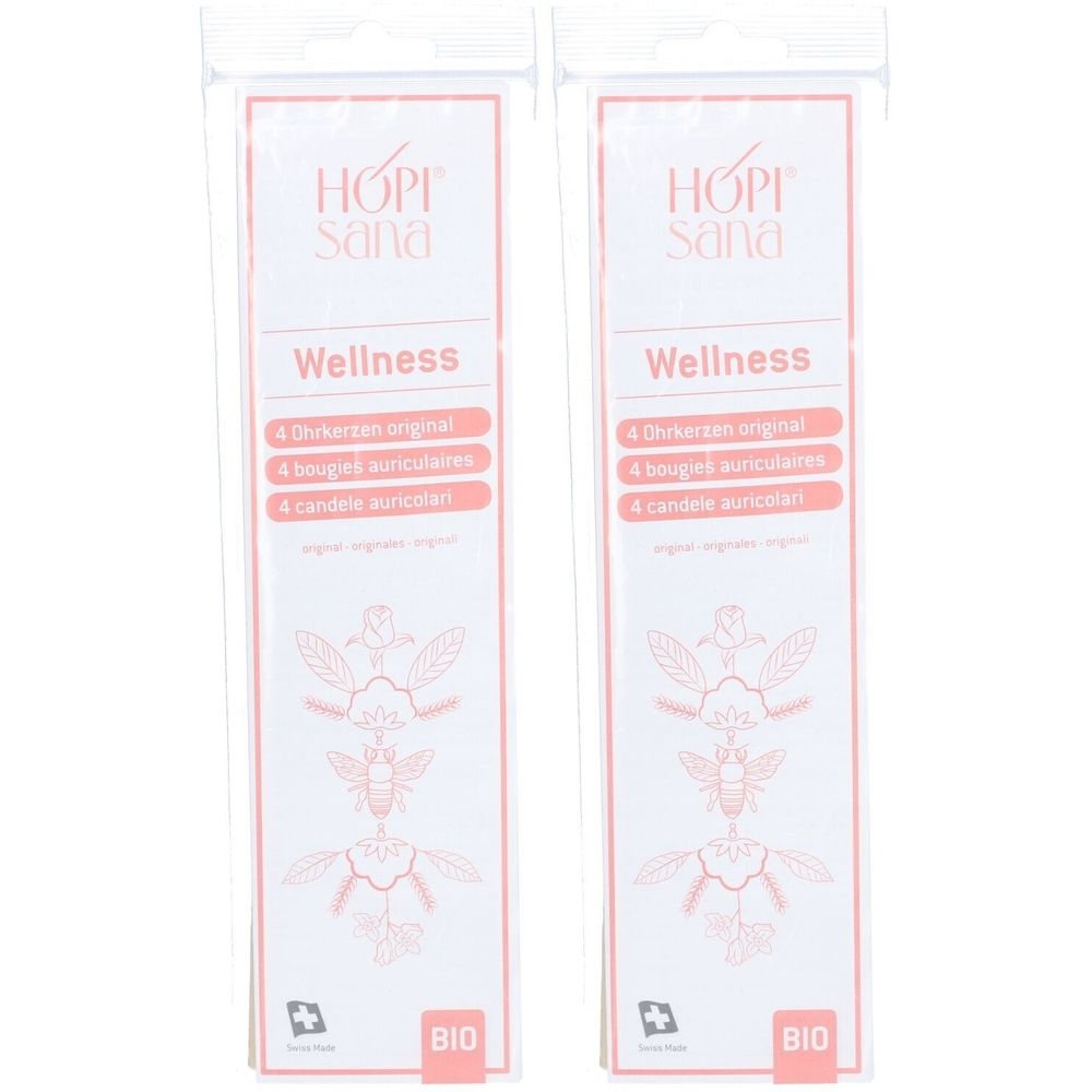 Deux emballages HOPI Sana Wellness. Chaque emballage contient 4 bougies auriculaires. Certification BIO. Emballage rose et blanc avec illustrations florales.