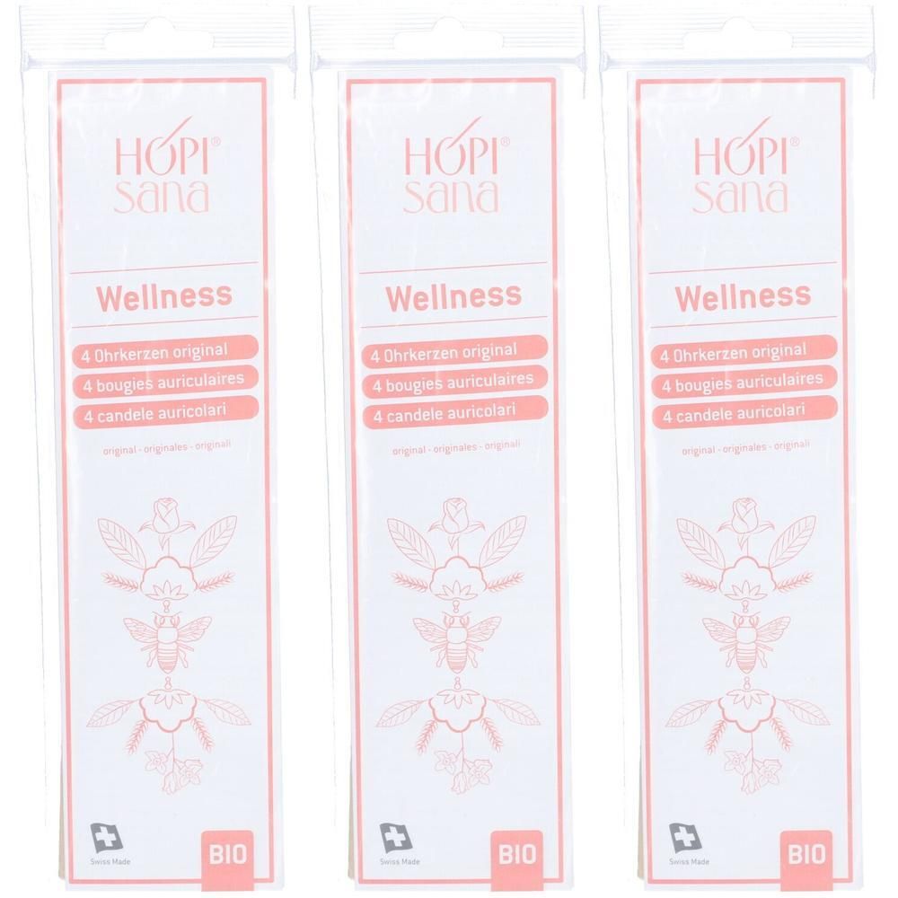 Trois emballages HOPI Sana Wellness. Chaque emballage contient 4 bougies auriculaires. Logo, texte et label bio.