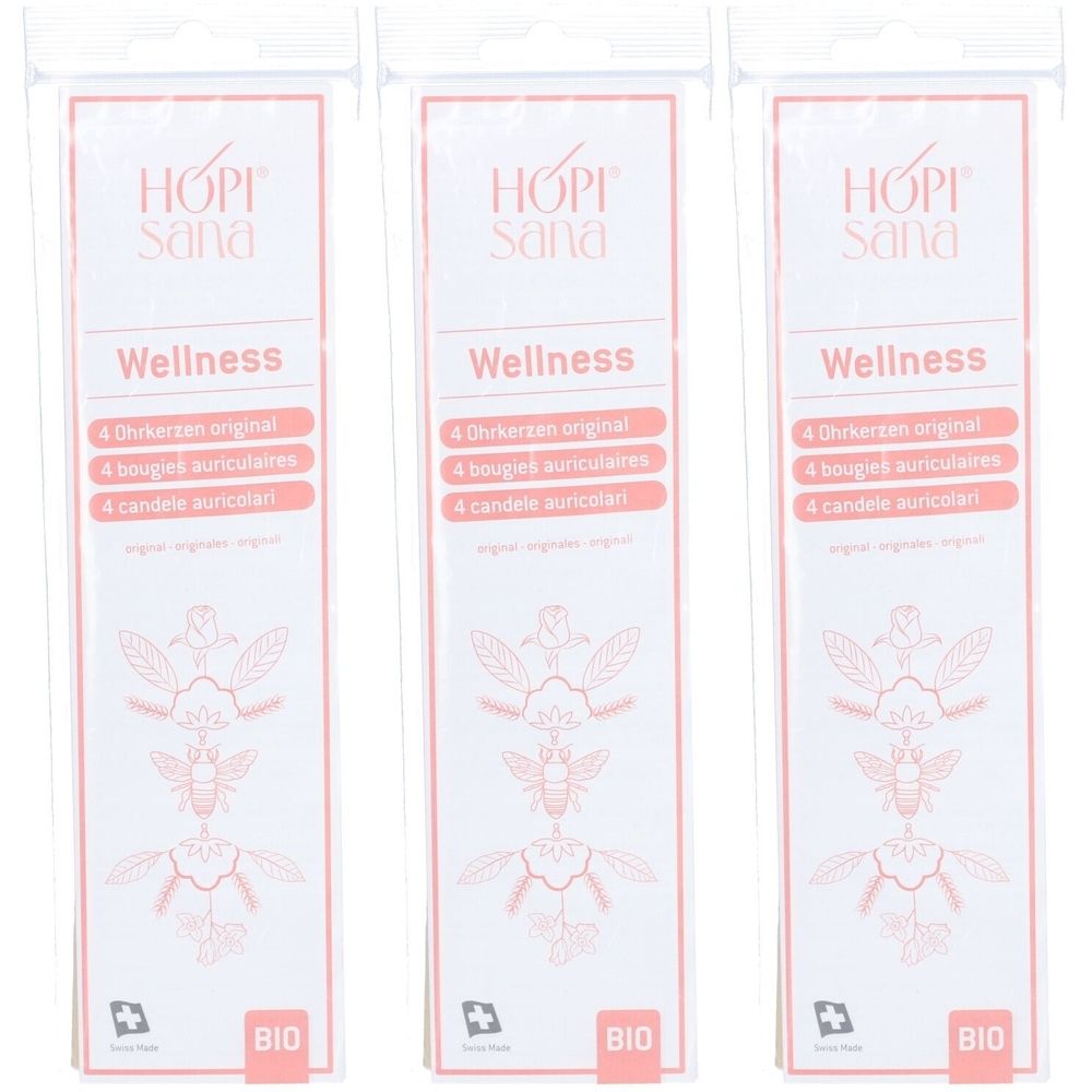 Trois produits emballés. Inscription: HOPI Sana Wellness, 4 bougies auriculaires, label BIO. Emballage en film plastique.
