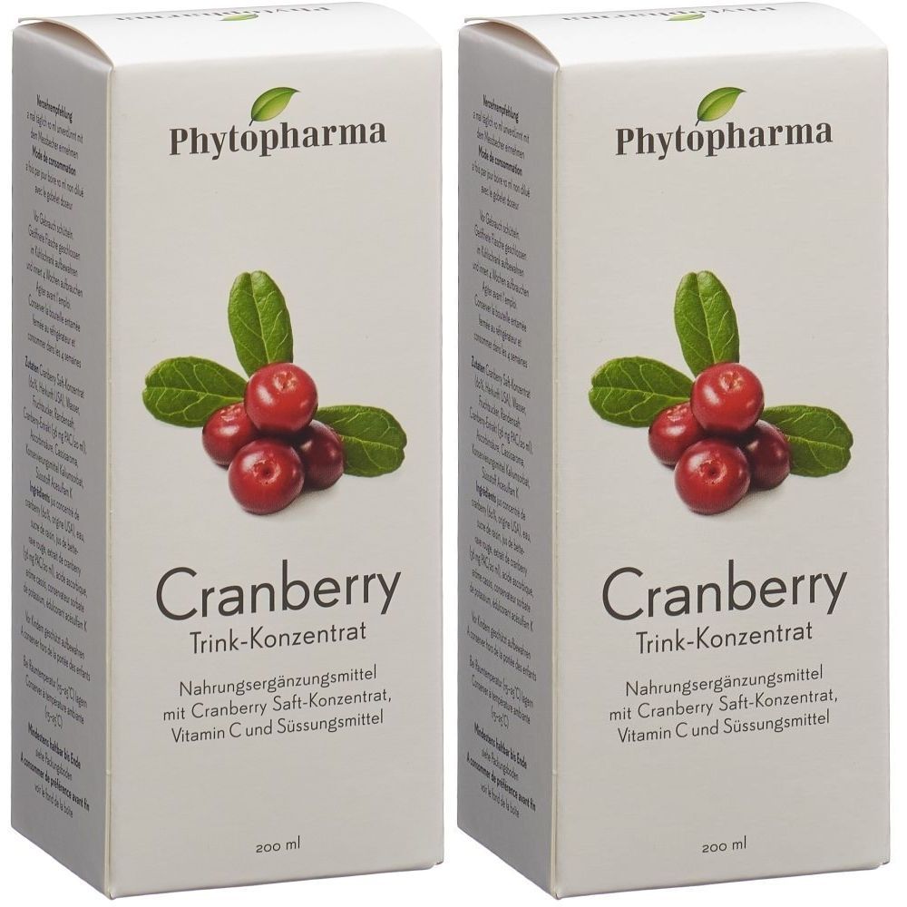 Deux boîtes blanches de concentré de canneberge. Inscription : Phytopharma, Cranberry, Trink-Konzentrat, 200 ml. Illustration de canneberges.