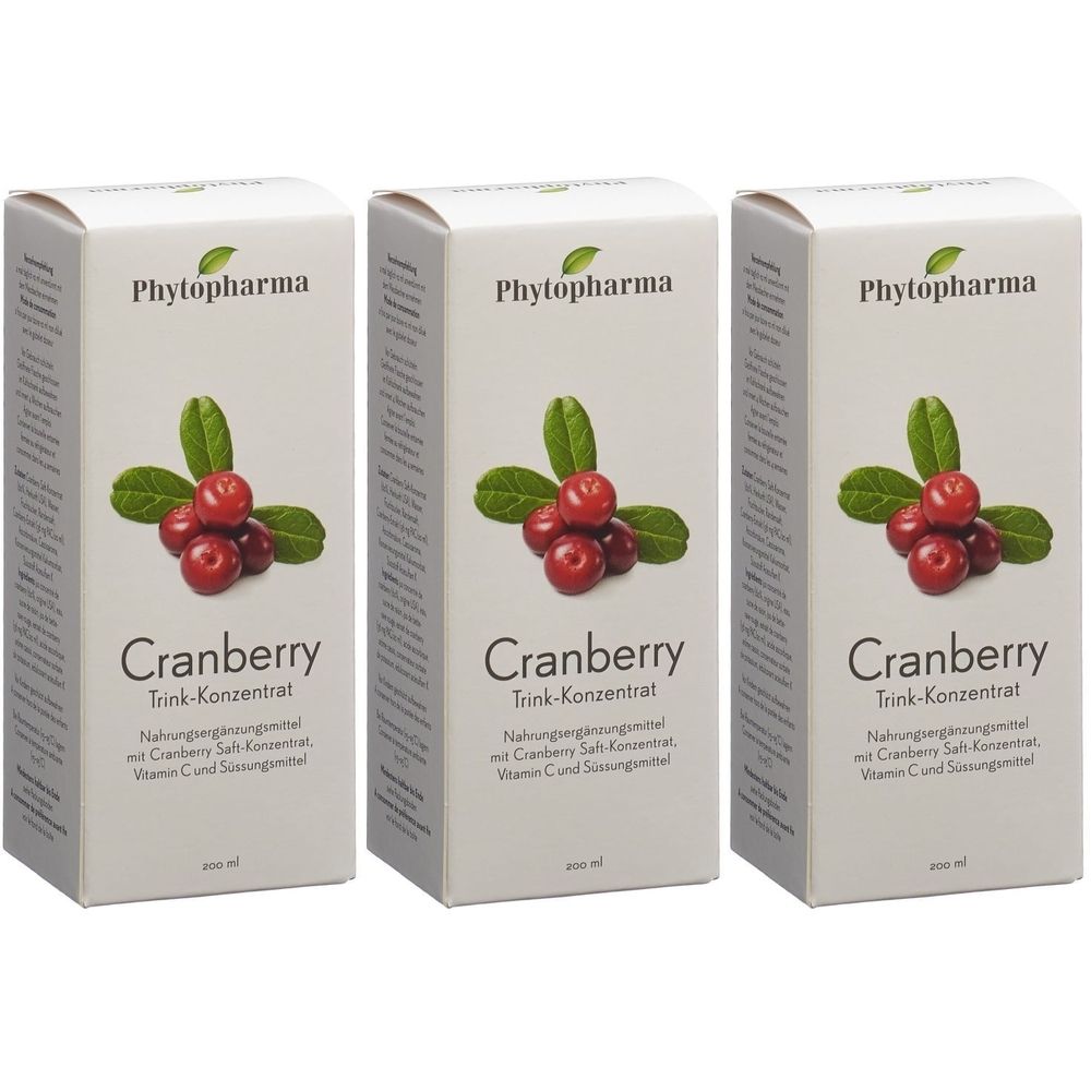 Trois boîtes de concentré de canneberge. Inscription : Phytopharma, Cranberry, feuilles et baies. Fond blanc.