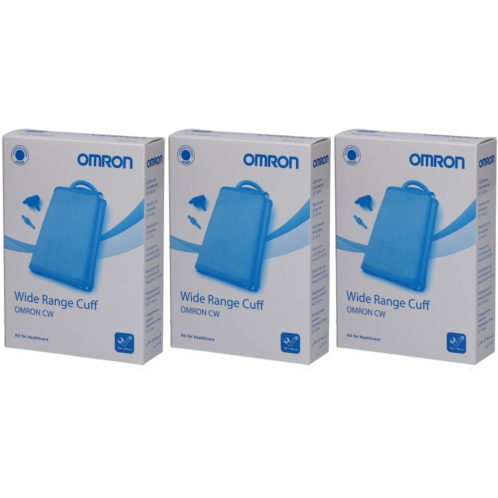 Trois boîtes OMRON. Chaque boîte affiche "Wide Range Cuff". Elles montrent un produit bleu avec une poignée.