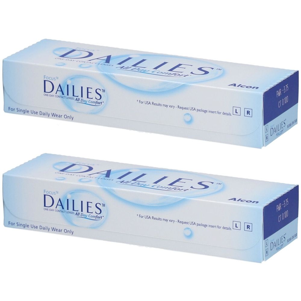 Deux boîtes de lentilles de contact FOCUS DAILIES. Boîtes blanches avec texte bleu. Inscription : DAILIES, Alcon, -3,75 dpt.