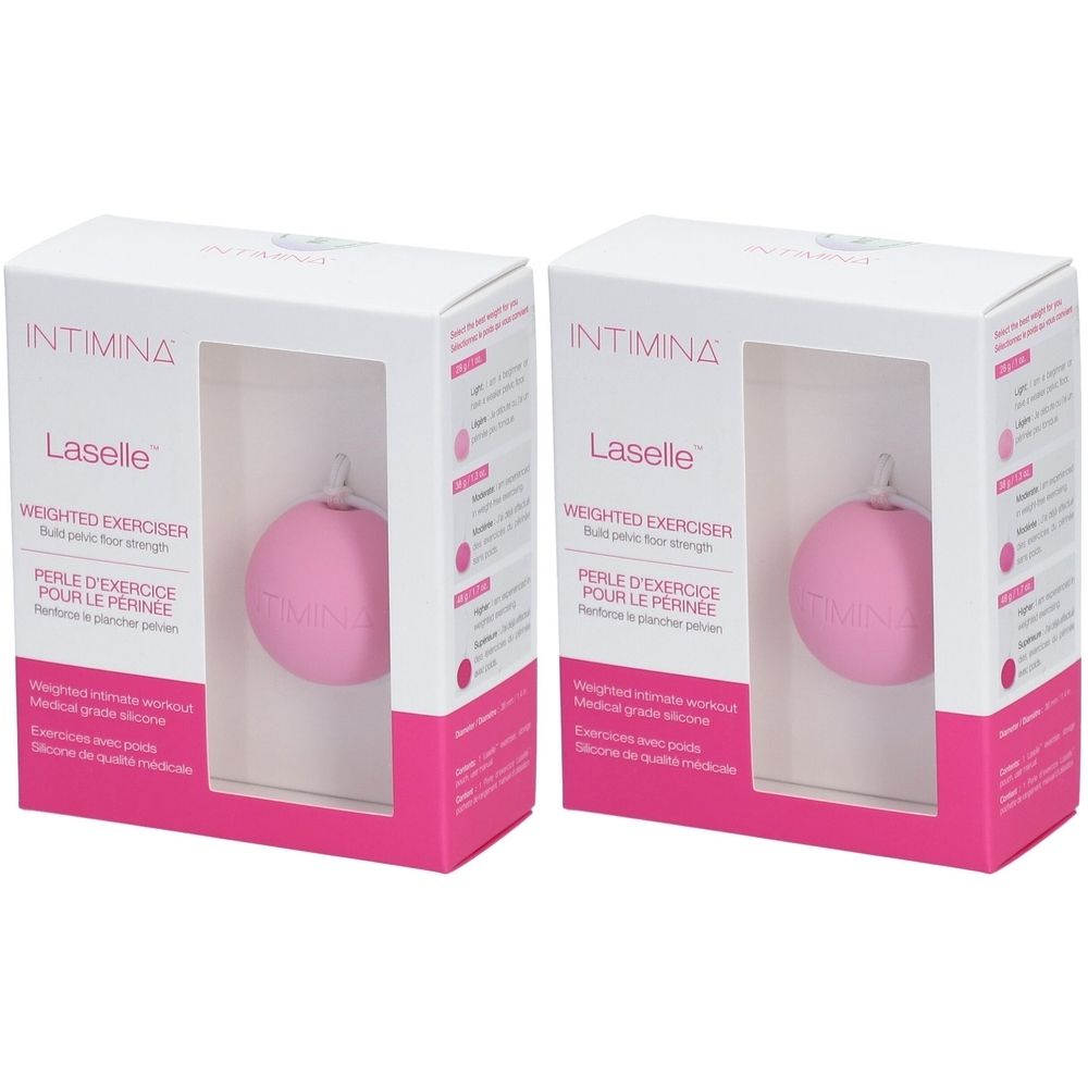 Deux boîtes avec boules roses. Inscription : INTIMINA Laselle, Weighted Exerciser. Fenêtre montrant la boule.