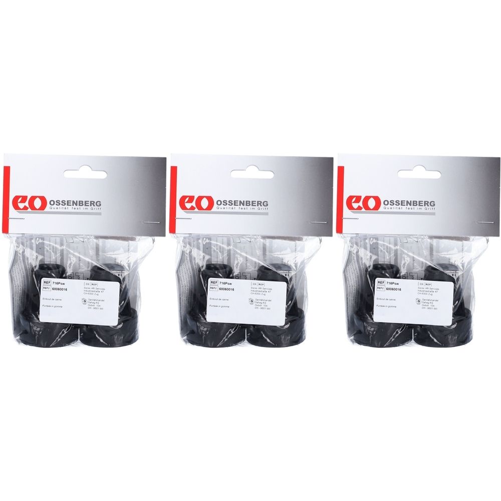 Trois paquets d'embouts noirs pour béquilles avec insert métallique. Chaque paquet contient deux embouts, emballés dans du plastique, avec étiquette et carton.