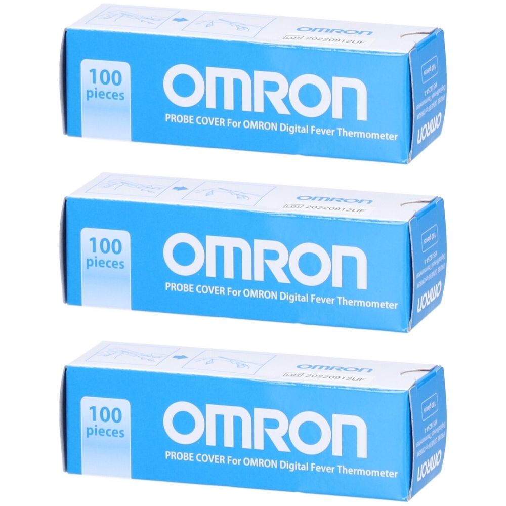 Trois boîtes bleues avec texte blanc. Chaque boîte affiche "OMRON", "PROBE COVER" et "100 pieces".
