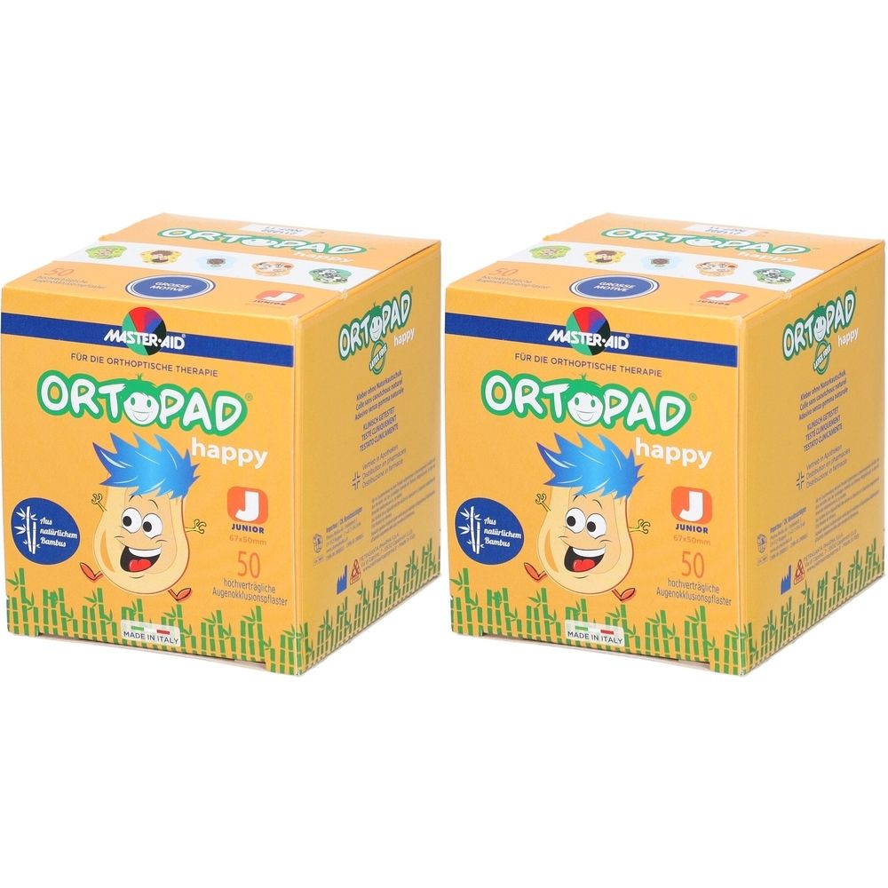 Deux boîtes jaunes avec le texte ORTOPAD happy. Un visage de dessin animé est représenté sur le devant. 50 pièces.