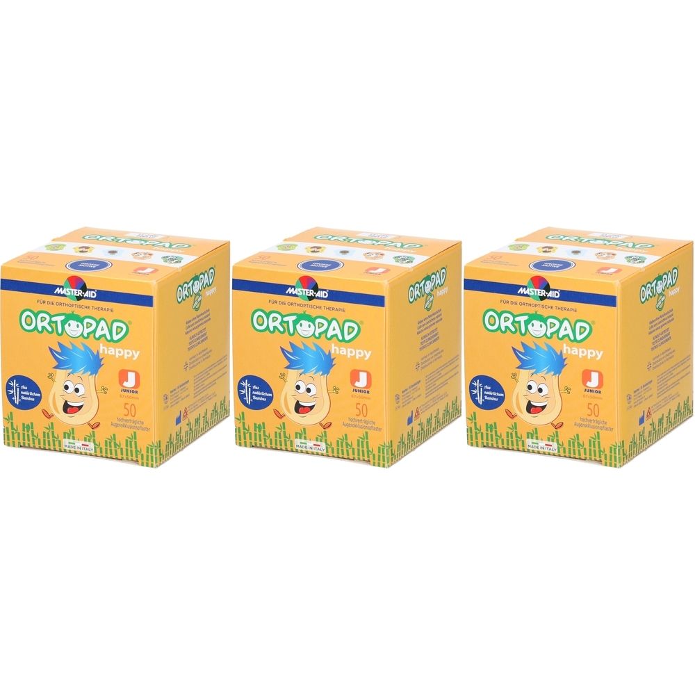 Trois boîtes jaunes ORTOPAD Happy. Chaque boîte présente un visage de dessin animé. Inscription : 50 pièces.