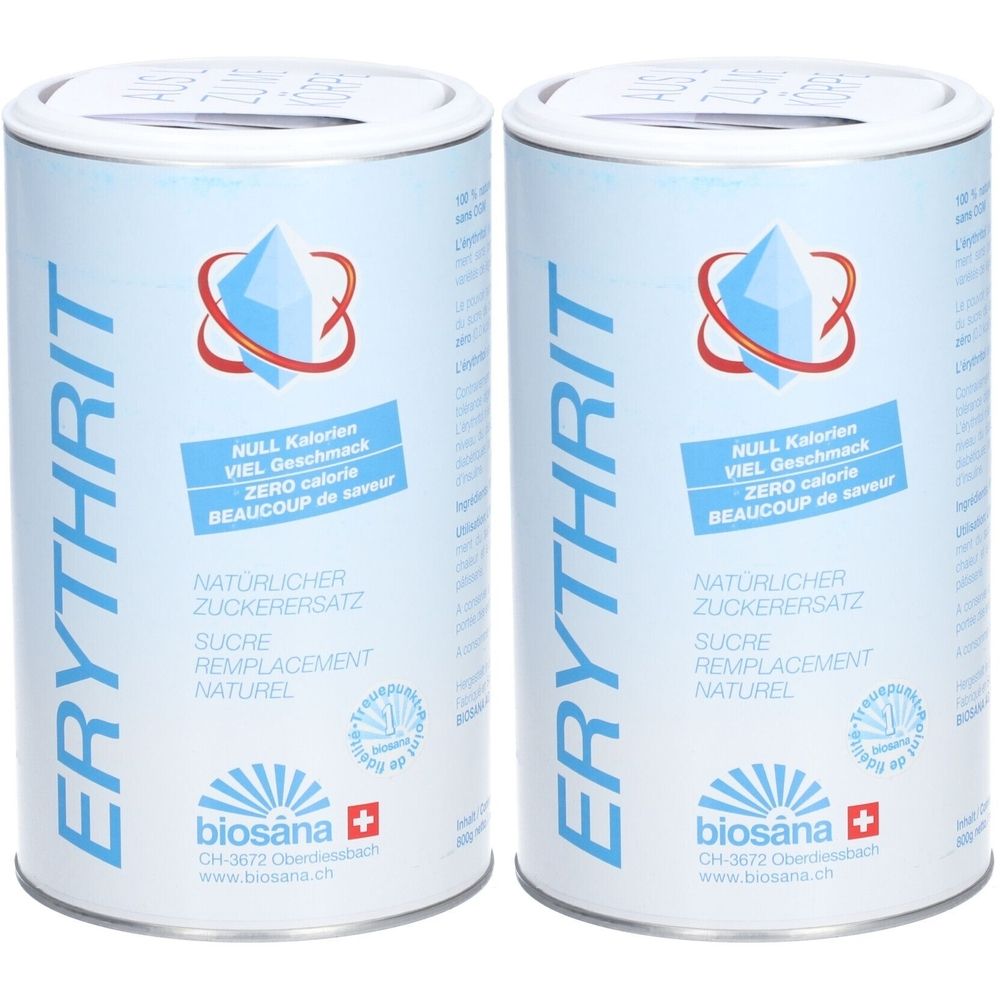 Deux boîtes cylindriques avec l'inscription "ERYTHRIT". Logos et texte en allemand et en français. La marque est "biosana".