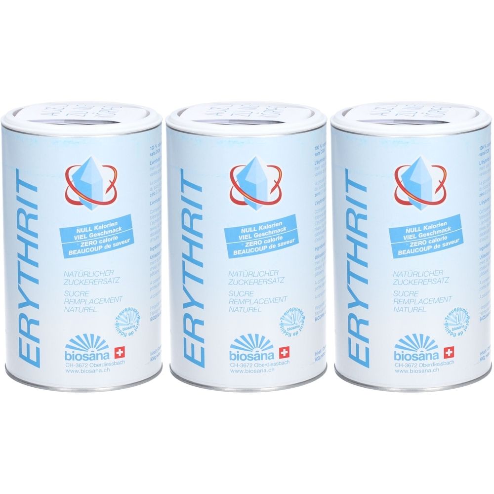 Trois boîtes cylindriques avec l'inscription "ERYTHRIT". Chaque boîte présente un logo et du texte en plusieurs langues.