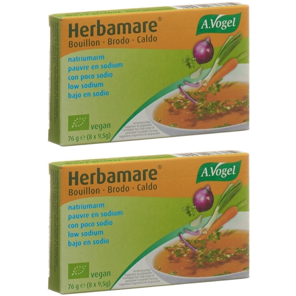 Deux boîtes vertes et oranges avec le texte "Herbamare". Texte multilingue. Logo A. Vogel. Label végétalien. Illustration de soupe.