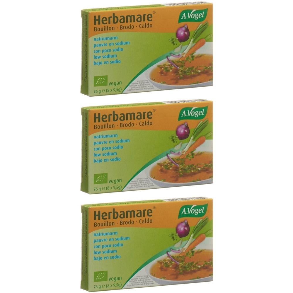 Trois boîtes de bouillon Herbamare. Inscription : pauvre en sodium, vegan. Marque A. Vogel. Illustration de légumes et de bouillon.