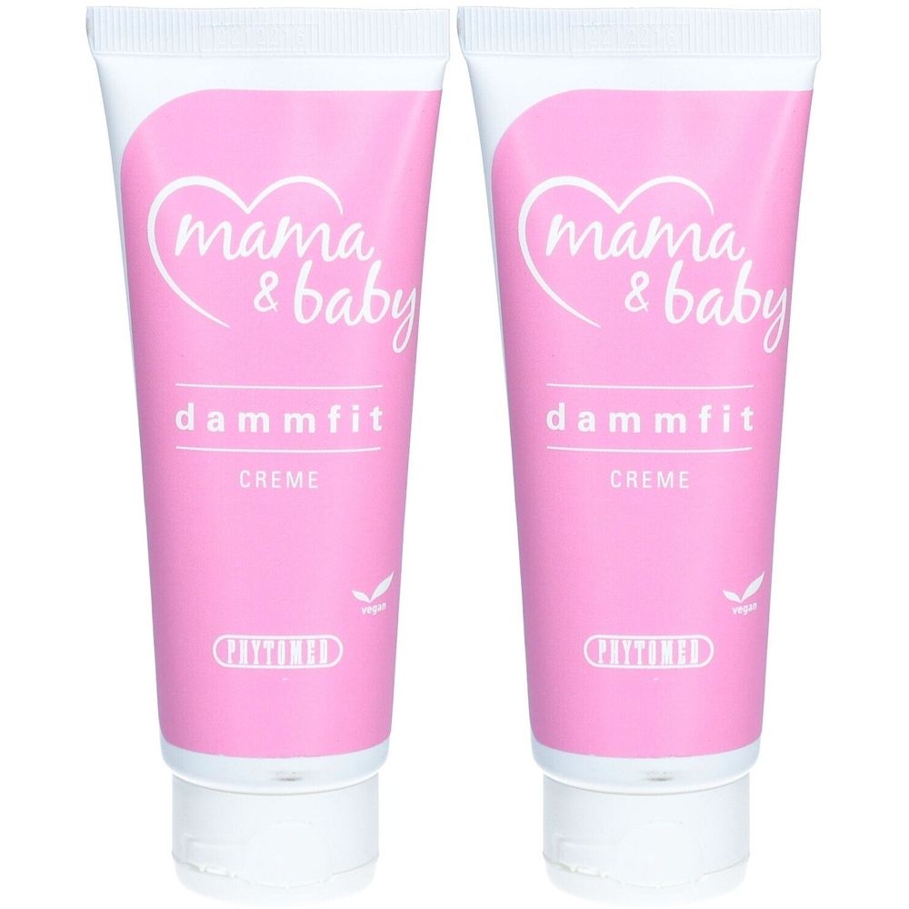 Deux tubes de crème PHYTOMED Mama&Baby Dammfit. Tubes roses avec texte blanc. Label vegan.