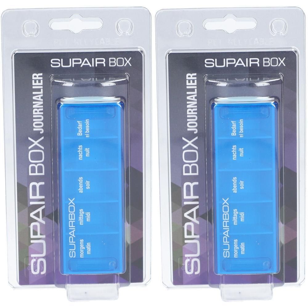 Deux piluliers bleus SUPAIR BOX, chacun avec quatre compartiments : matin, midi, soir, nuit.