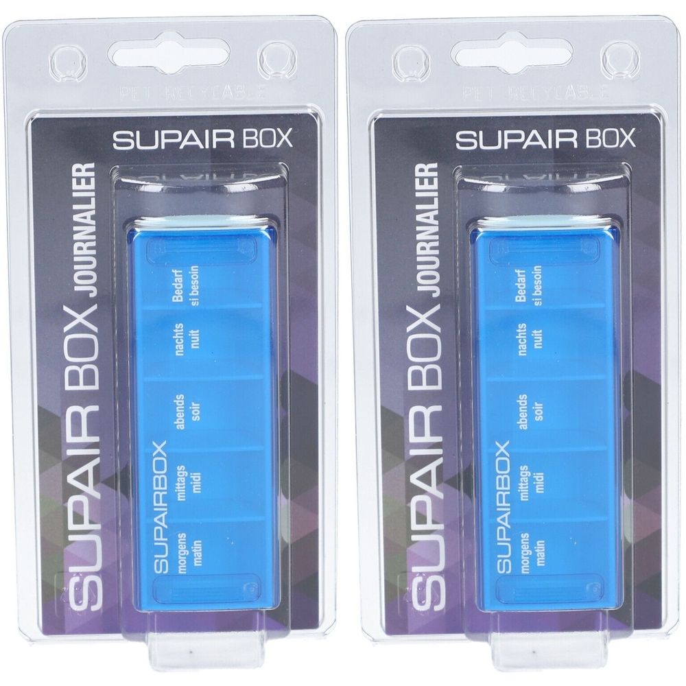 Deux piluliers bleus sous blister. Inscription: SUPAIR BOX JOURNALIER. Divisé en matin, midi, soir, nuit.