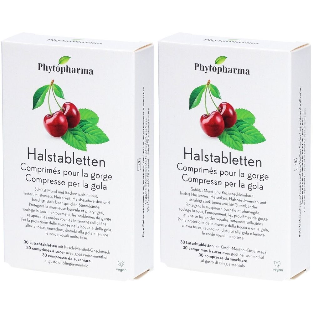 Deux boîtes blanches de pastilles pour la gorge à la cerise et à la menthe. Inscription : Phytopharma, Halstabletten, 30 comprimés.
