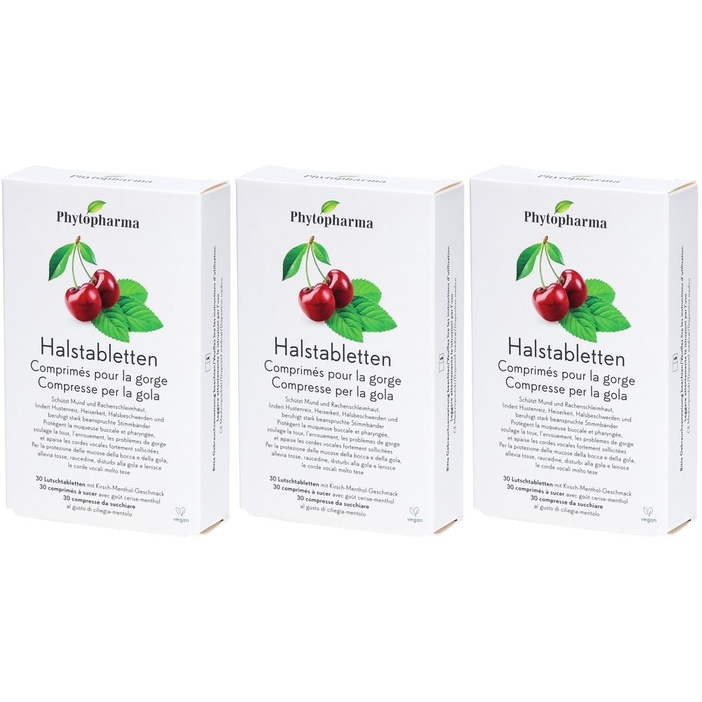 Trois boîtes blanches avec illustrations de cerises et de feuilles. Inscription : Phytopharma Halstabletten, Comprimés pour la gorge, Compresse per la gola.