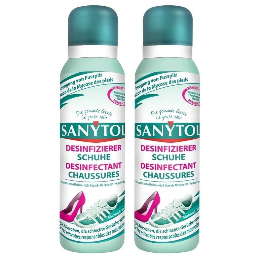 Deux flacons de spray avec bouchons turquoise. Inscription: SANYTOL DESINFECTANT CHAUSSURES. Illustration de chaussures.