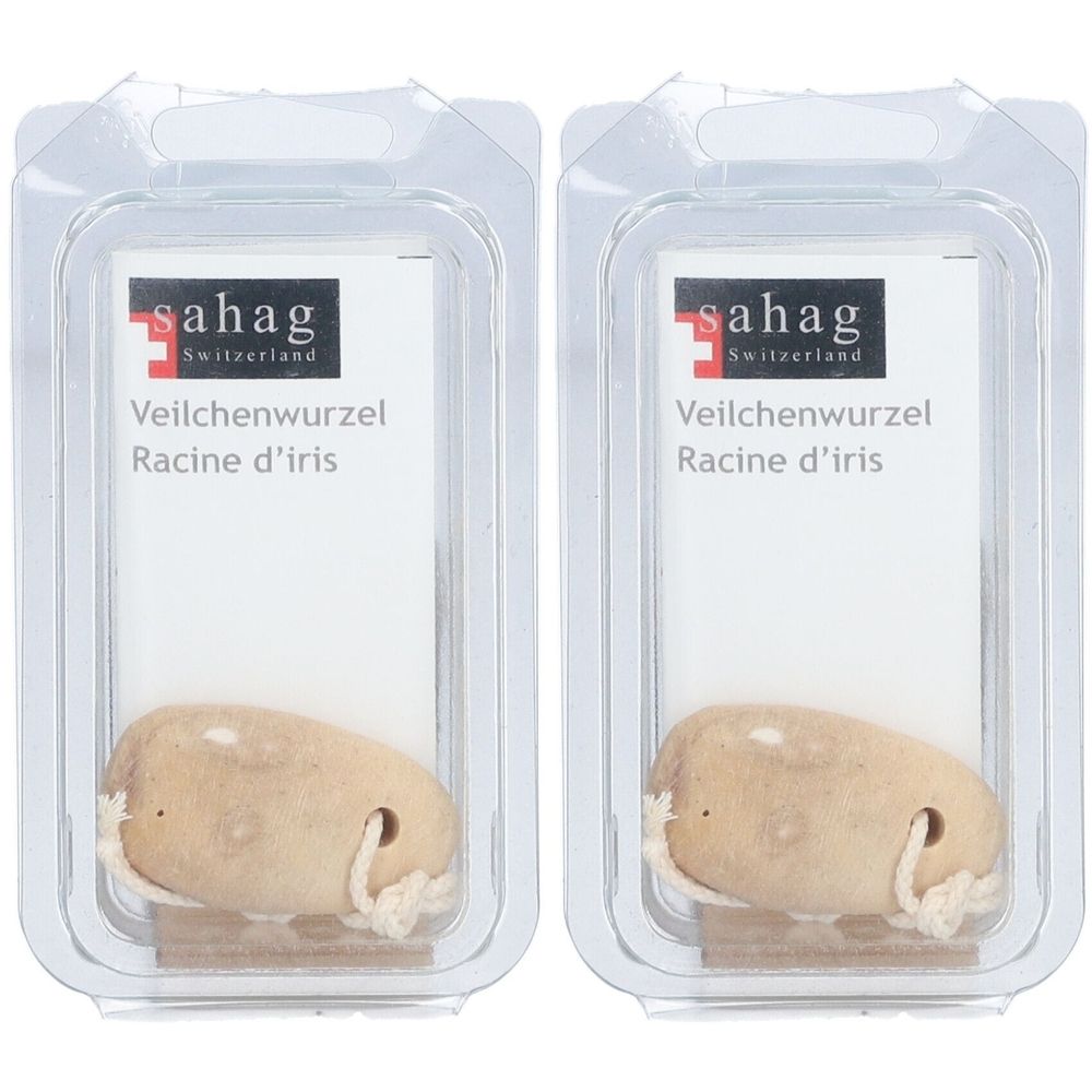 Deux emballages de racine d'iris avec cordon. Chaque emballage contient une racine beige dans un emballage plastique transparent.