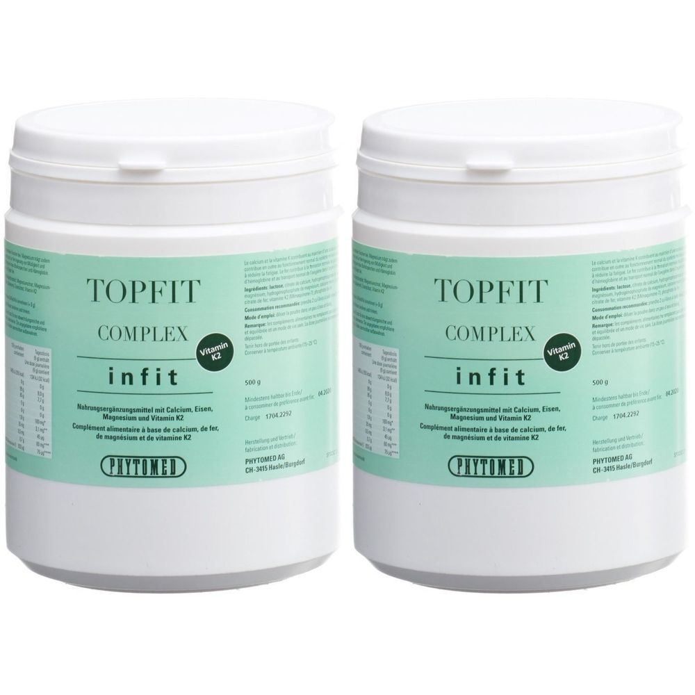 Deux boîtes blanches avec couvercles. Inscription: TOPFIT COMPLEX infit, vitamine K2. Inscription: PHYTOMED.