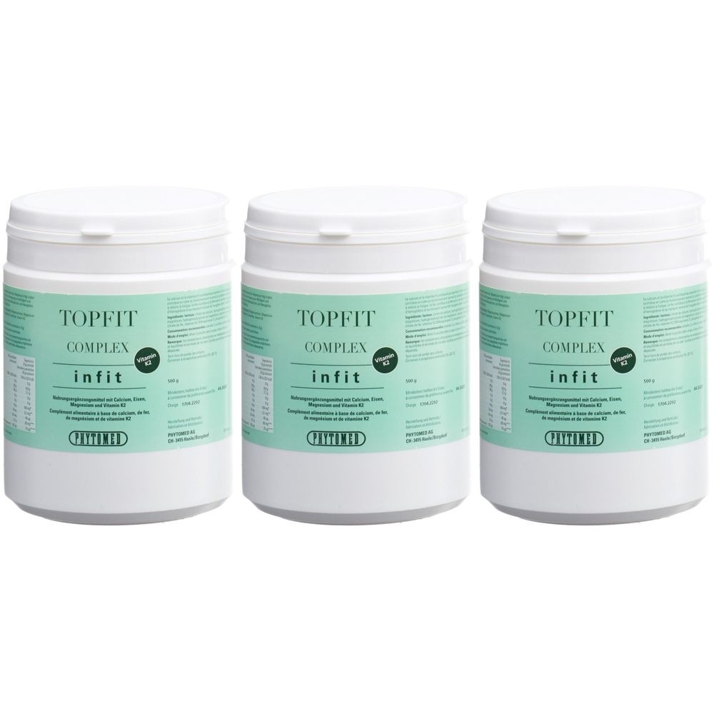 Trois récipients blancs avec couvercles. Inscription TOPFIT COMPLEX infit. Étiquettes vertes et blanches avec informations.