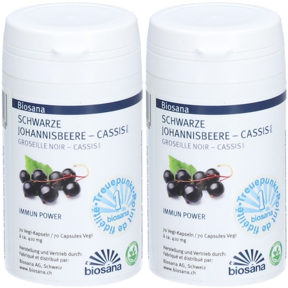 Deux boîtes blanches de gélules de cassis. Inscription : Biosana, Schwarze Johannisbeere-Cassis, Immun Power, 70 gélules.