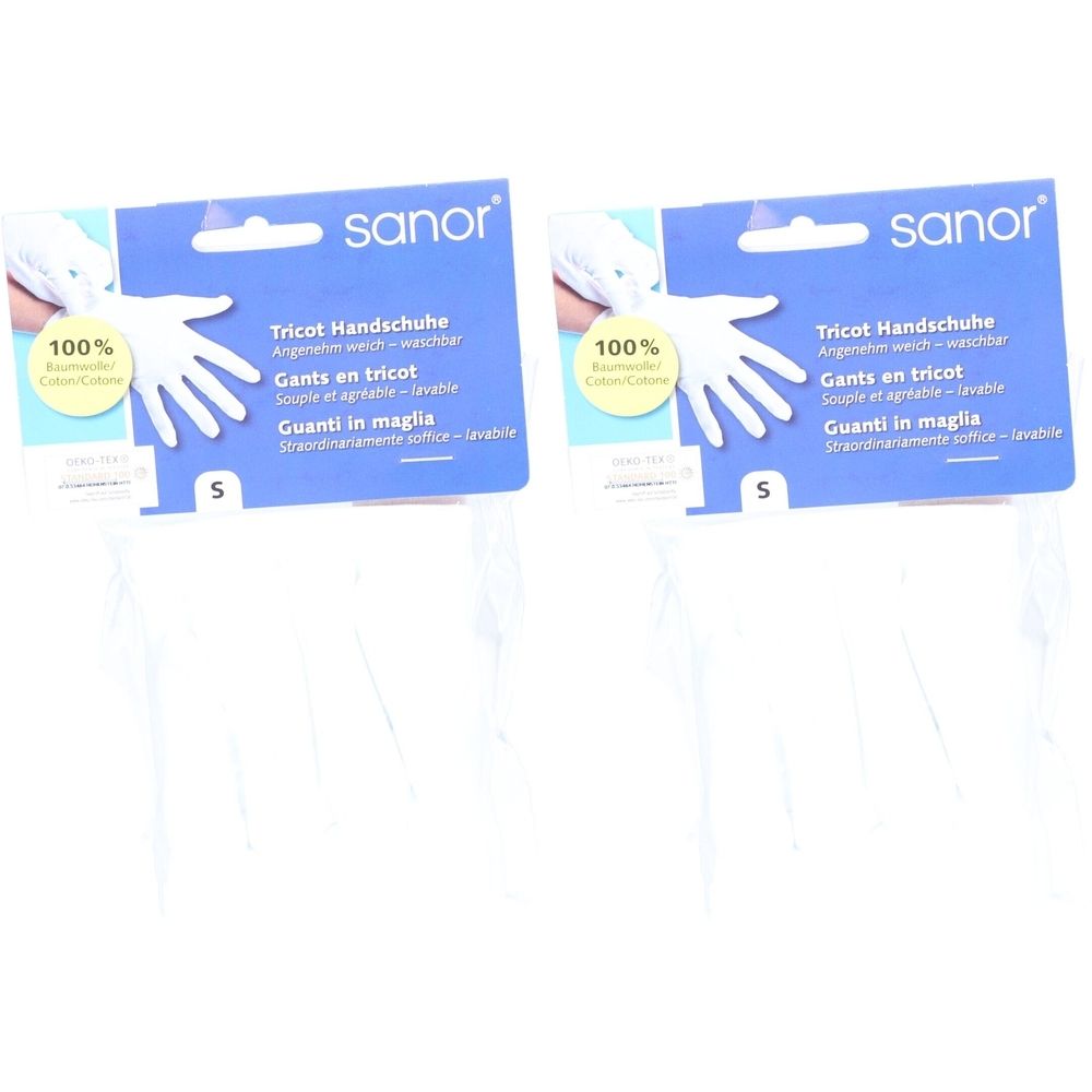 Deux paquets de gants SANOR Tricot blancs. Emballage bleu avec nom du produit et taille S. 100% coton.