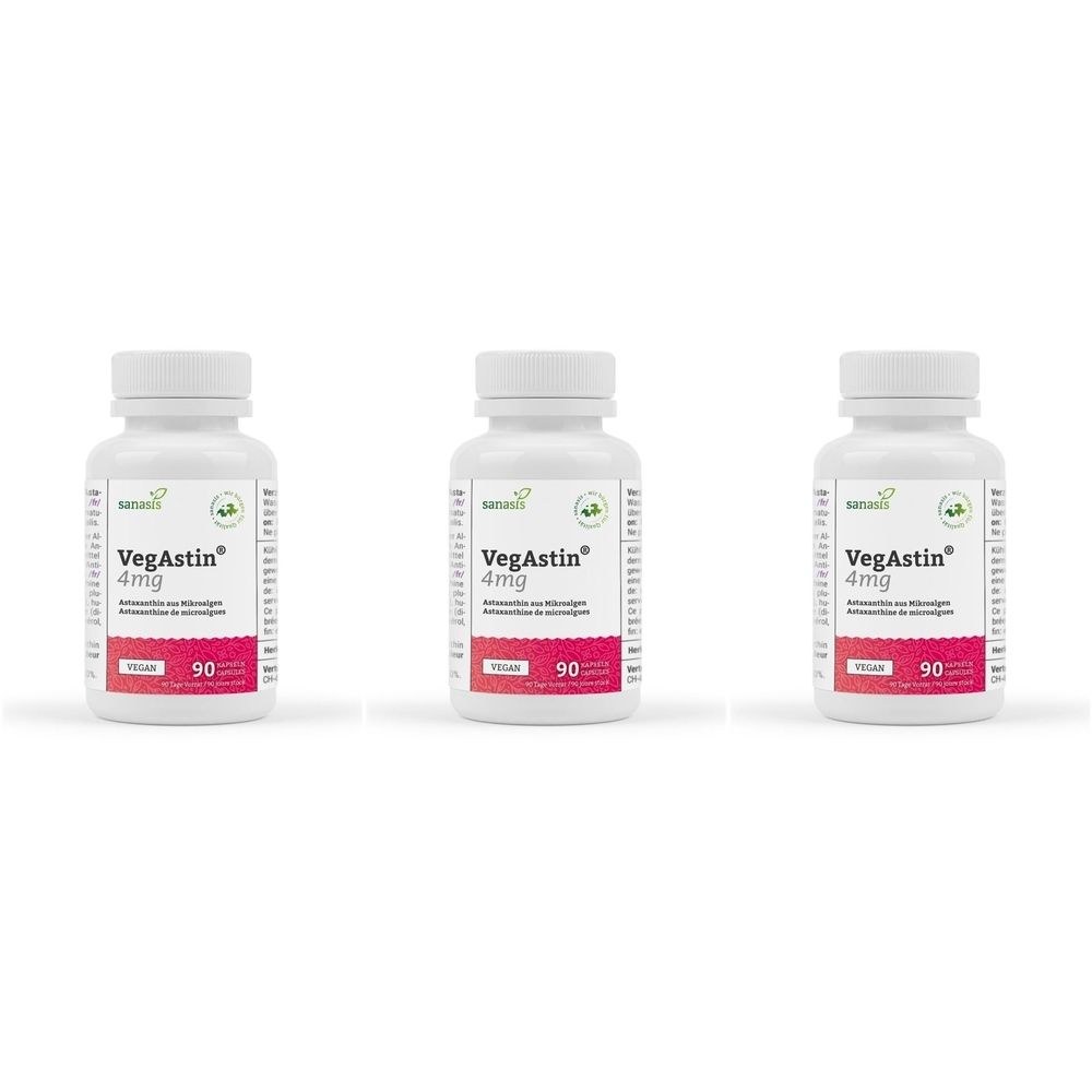 Trois flacons blancs avec bouchons à vis. Chaque flacon porte l'inscription VegAstin 4mg et le nombre 90. Autocollants avec des feuilles vertes.